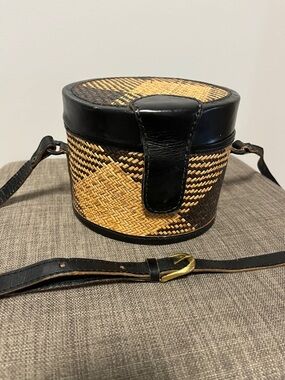 Woven Round Crossbody Bag with Black Leather Trim
